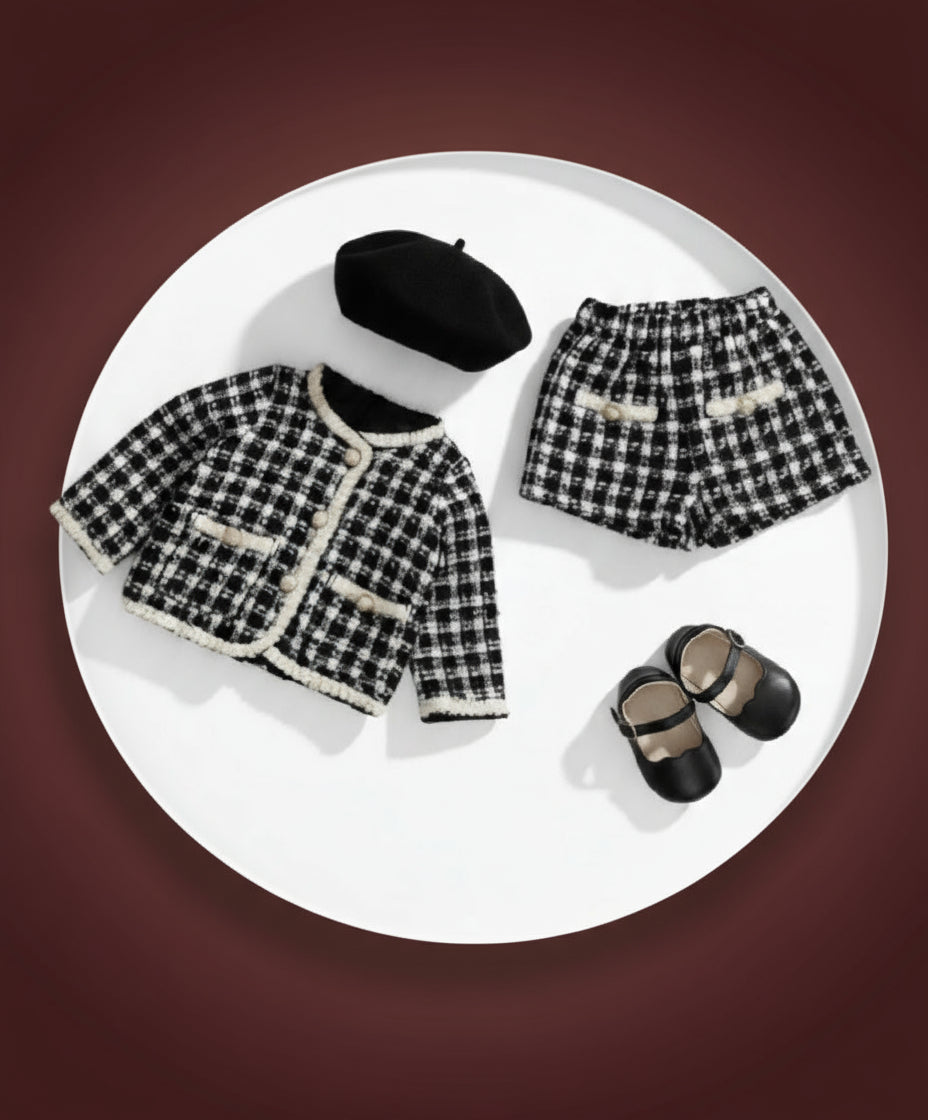 Baby Tweed Set – Two-Piece Outfit for Spring & Fall (Black Checkered)