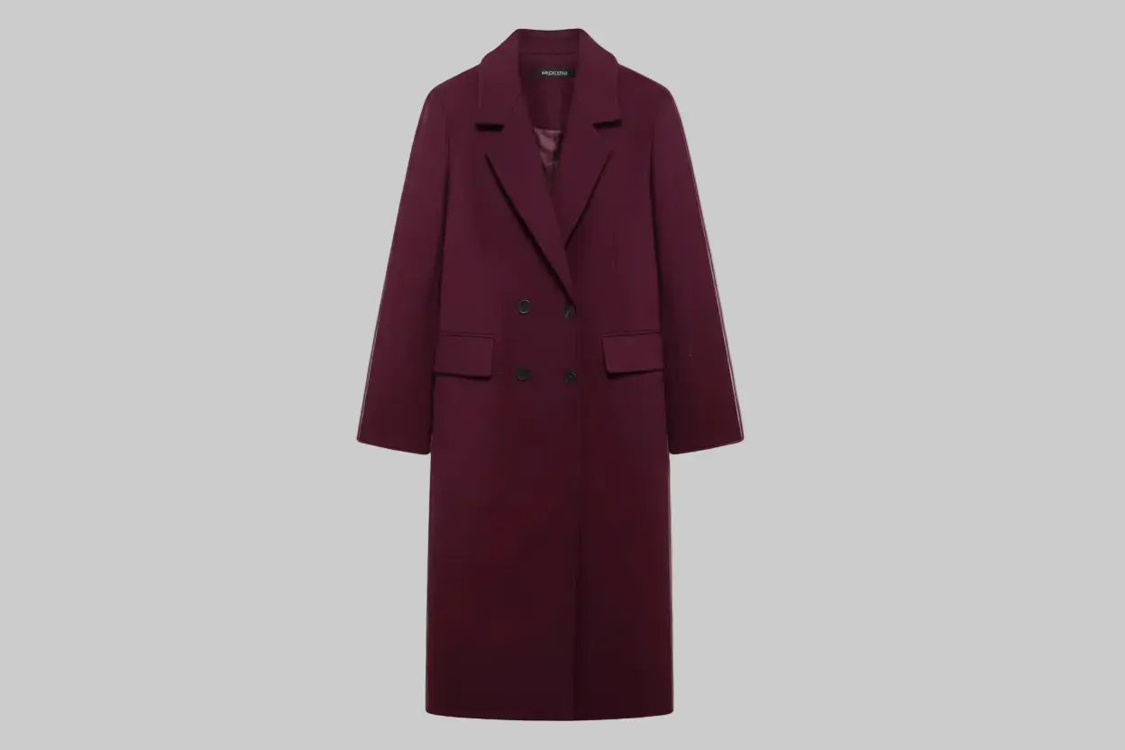 Elegant Burgundy Double Breasted Long Coat for Women – Winter Outerwear Luminara