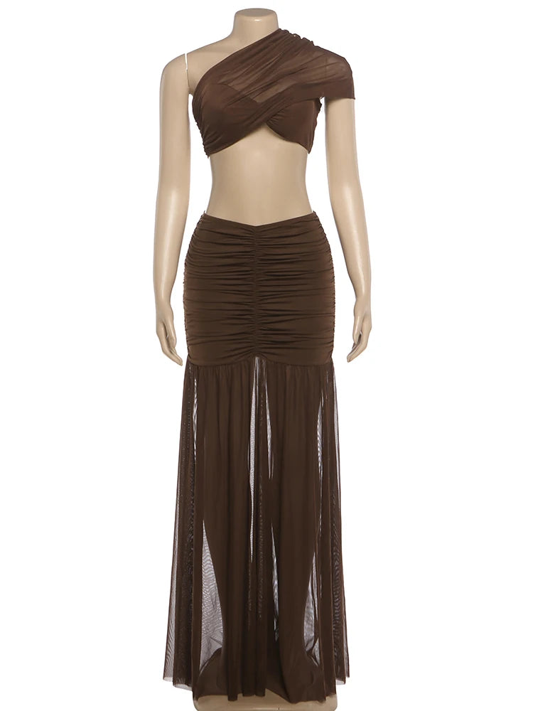 Nibber Fashion Ruched Elegant 2 Piece Set Woman Mesh Patchwork Skew Collar Backless Crop Tops+A-Line Long Skirt Prom Party Suit