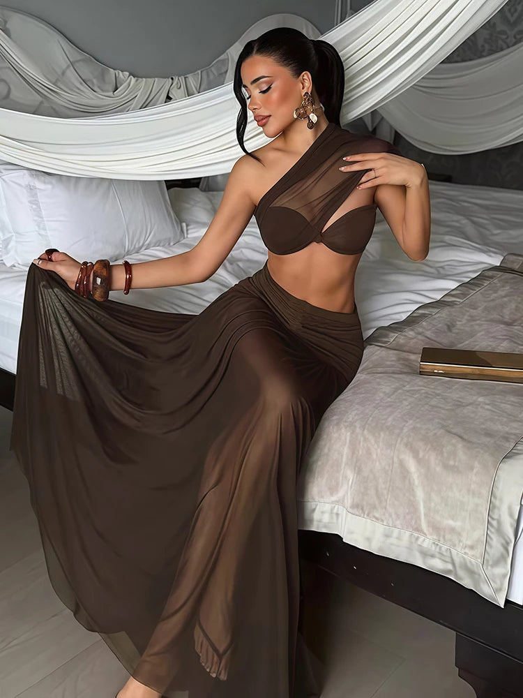 Nibber Fashion Ruched Elegant 2 Piece Set Woman Mesh Patchwork Skew Collar Backless Crop Tops+A-Line Long Skirt Prom Party Suit