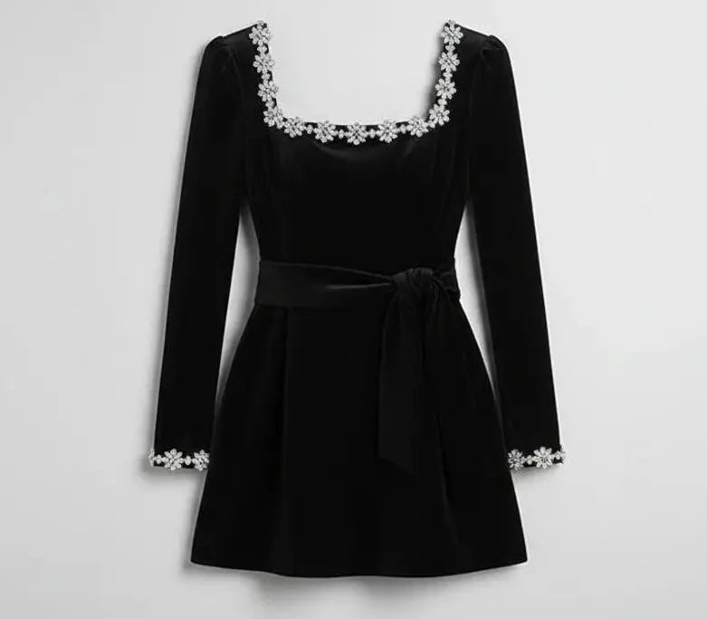 Elegant Velvet Party Dresses For Women Square Collar Beading Long Sleeve Slim Mini Dress Autumn High Waist Christmas Vestidos Luminara