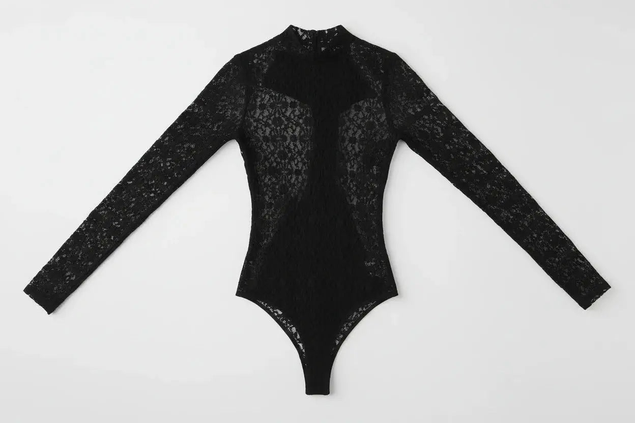 Black Lace Backless Two Piece Set for Women – Sexy Long Sleeve Bodysuit & Mini Skirt Party Club Outfit Luminara