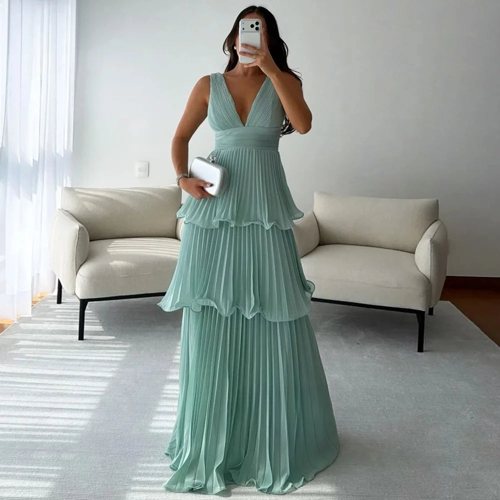 Sexy V Neck Evening Dress Layers Prom Dress with Pleats Formal Occasion Dresses for Arabic Women Vestidos Customized