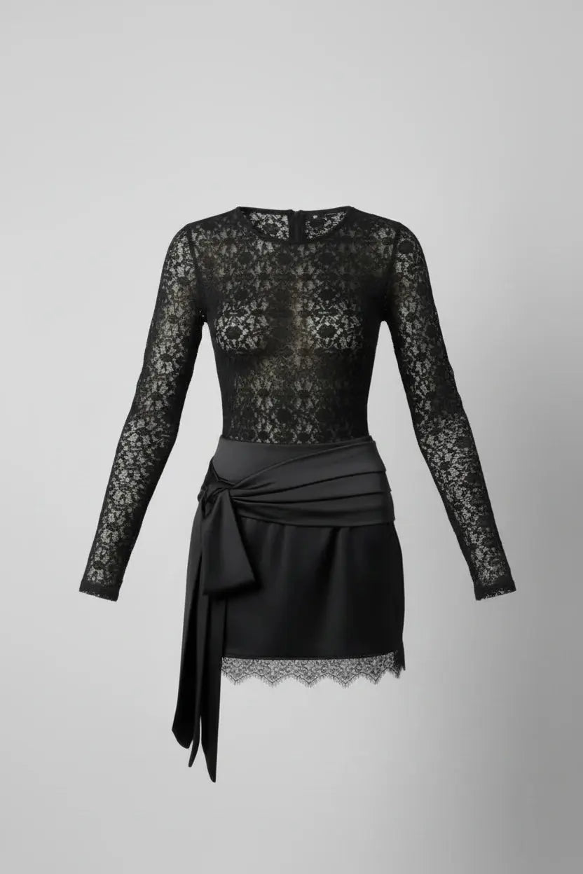 Black Lace Backless Two Piece Set for Women – Sexy Long Sleeve Bodysuit & Mini Skirt Party Club Outfit Luminara