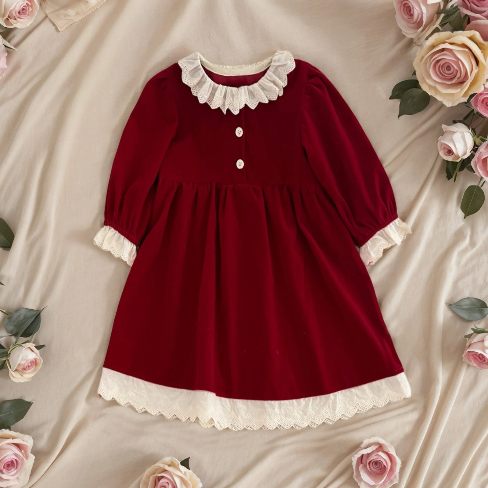 Christmas Party Dress Baby Girl Lace Princess Ruffle Satin Finish Dress Fashion Christmas Holiday Autumn Winter Wear Kids Girl