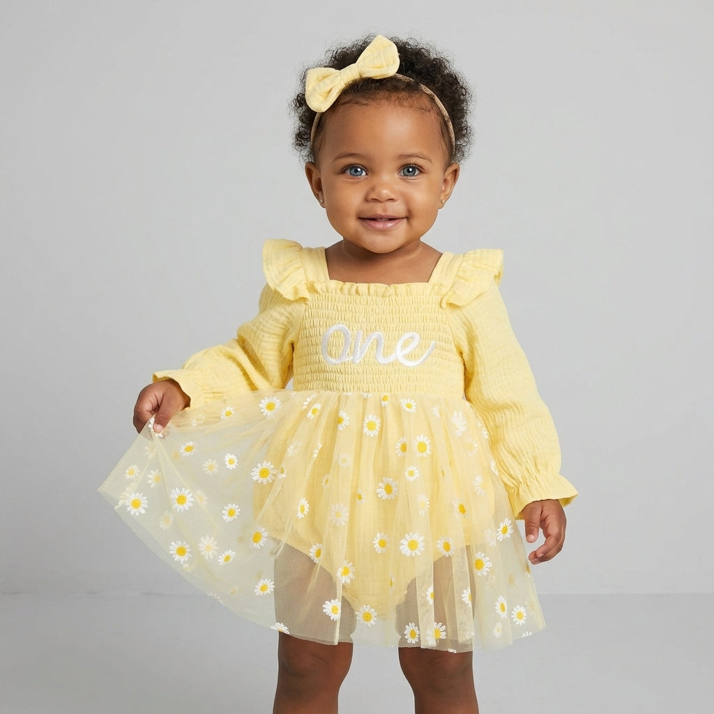 Baby Girl Birthday Romper Dress Fashionable Daisy Embroidery Smocked Bubble Long Sleeve Tulle Jumpsuit with Headband