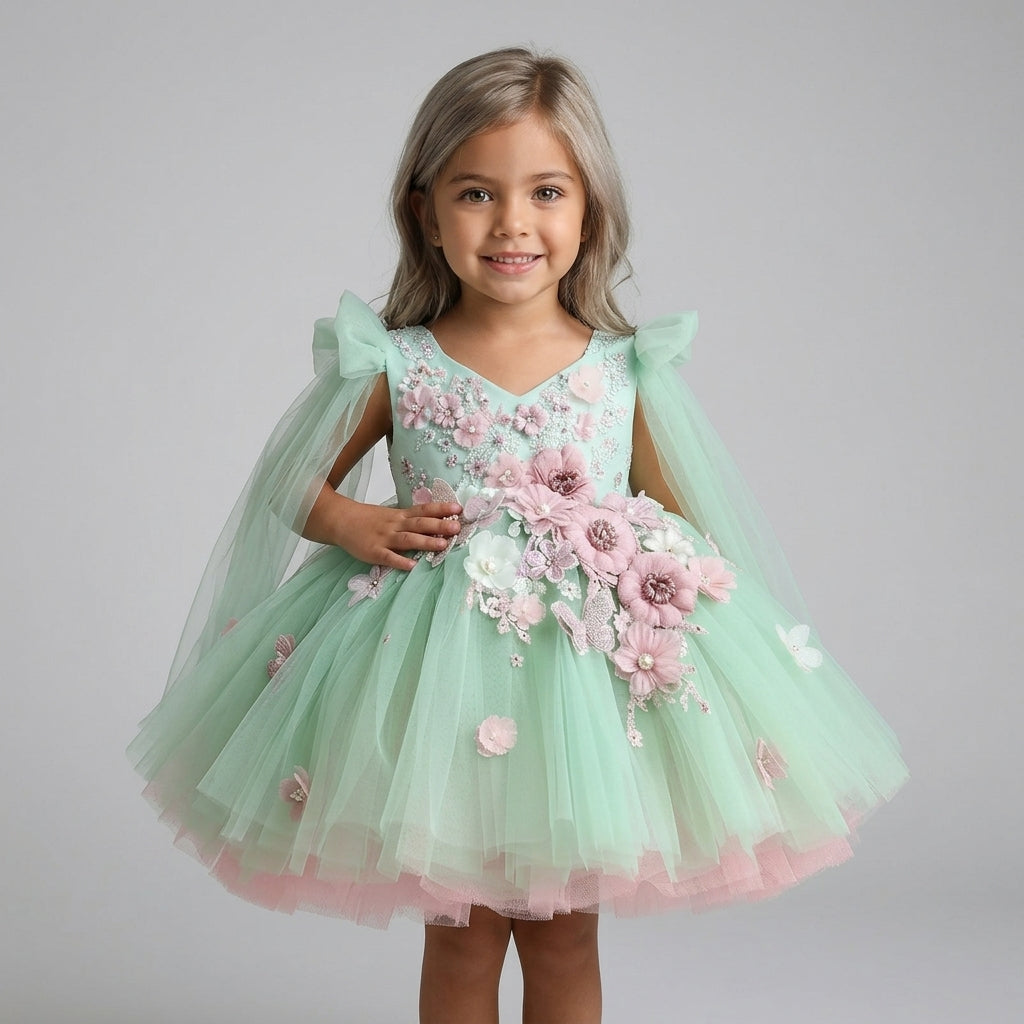 Girls Princess Dress with Flowers – Birthday Party Tulle Dress for Kids