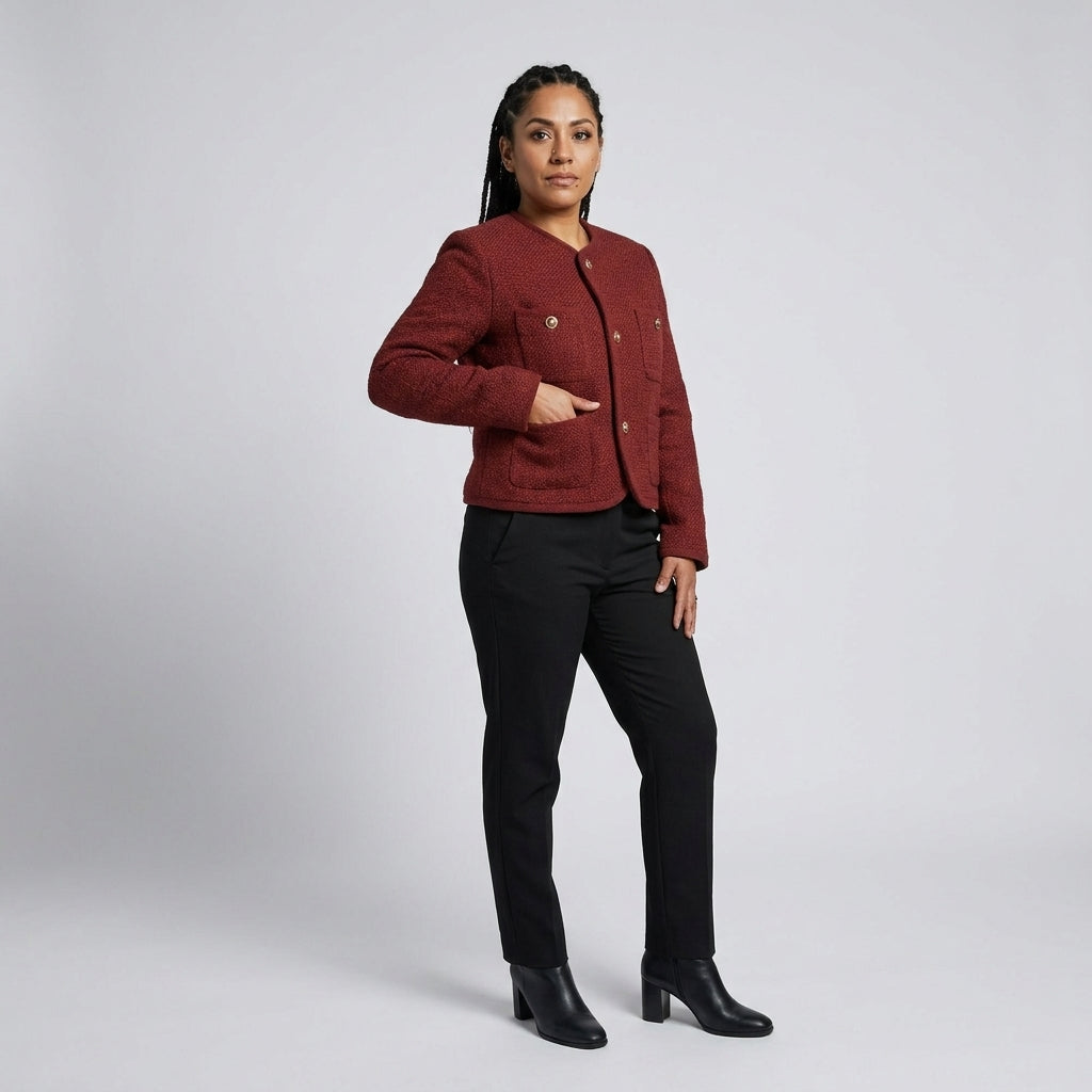 Women’s Short Winter Puffer Coat – Chanel-Inspired Style, Elegant Wine Red