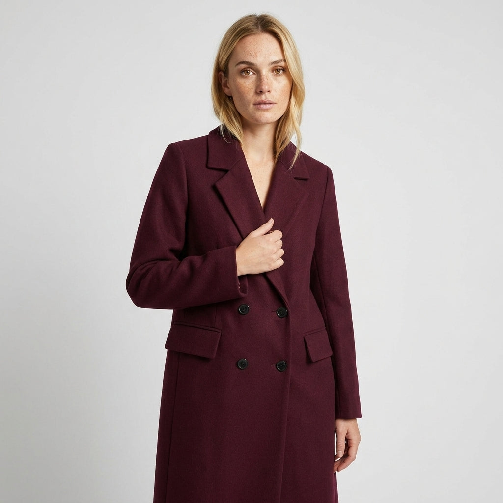 Elegant Burgundy Double Breasted Long Coat for Women
