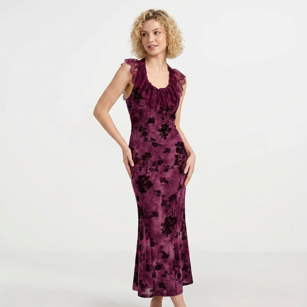 Elegant Lace Midi Dress for Women – Slim Fit Evening & Party Dress