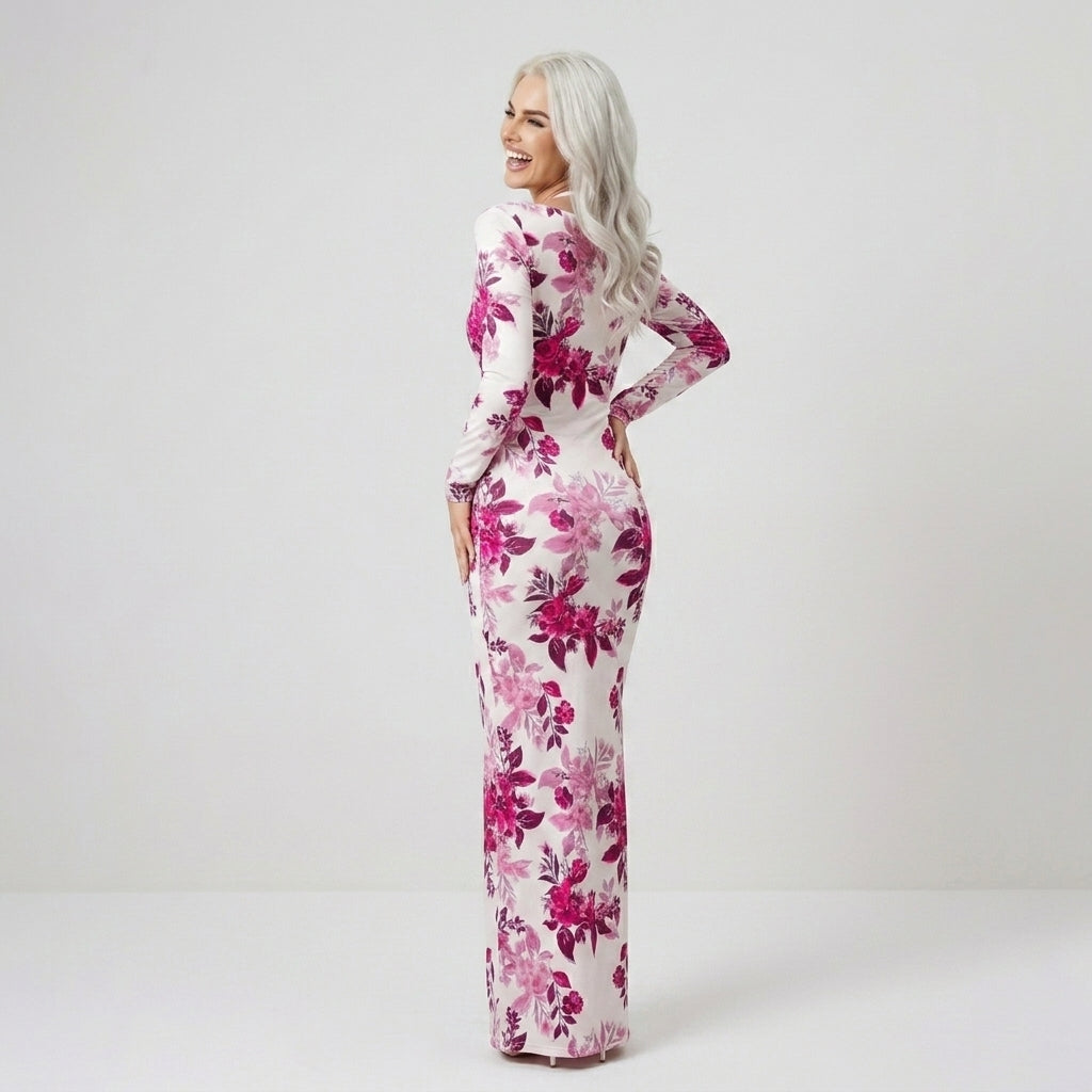 Women’s Floral Print Bodycon Maxi Dress – Elegant Long Sleeve Slim Fit Evening Party Dress in Pink