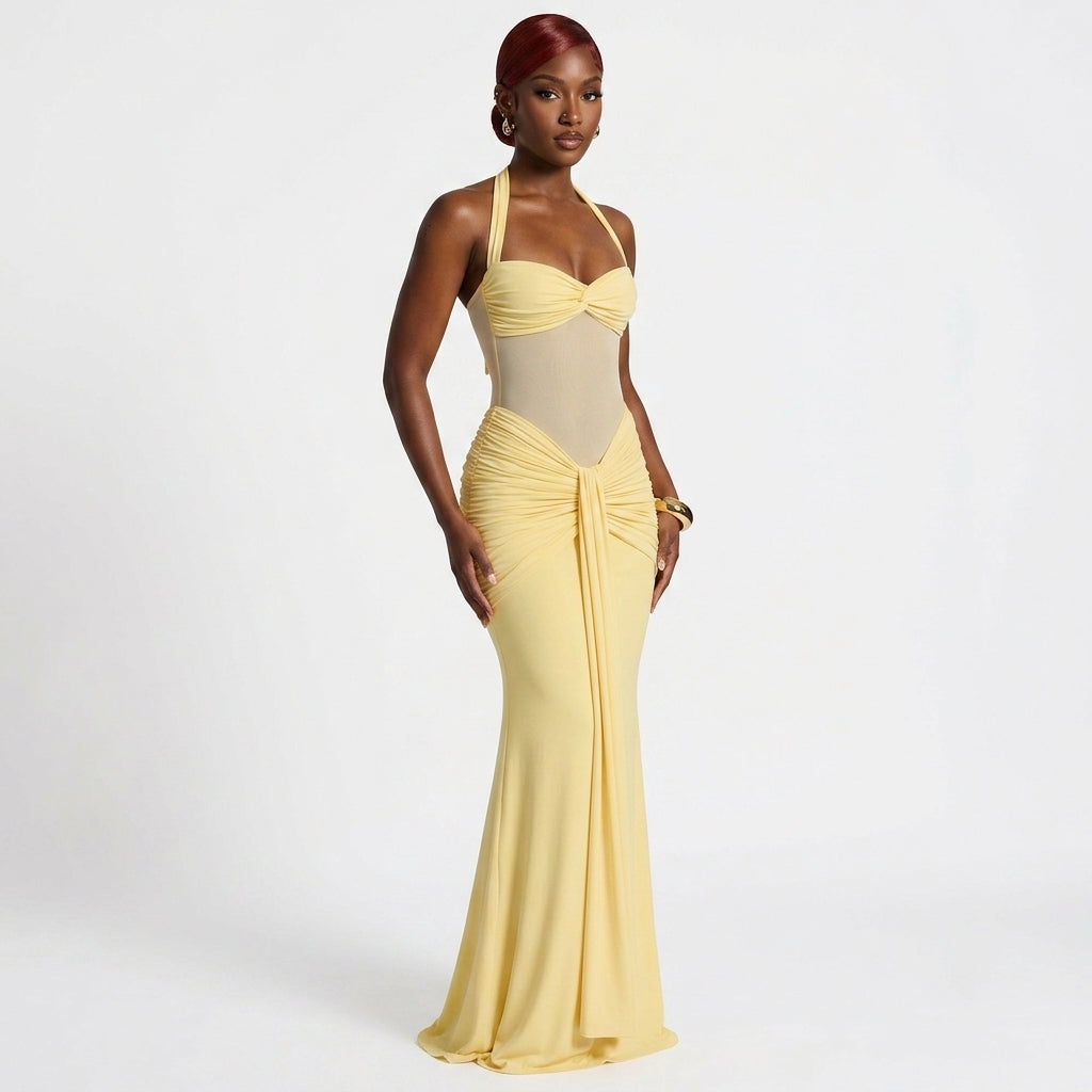 Women’s Yellow Halter Backless Maxi Dress – Elegant Ruched Bodycon Party & Evening Dress