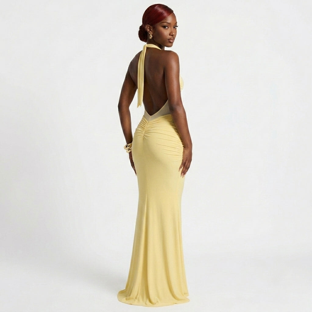 Women’s Yellow Halter Backless Maxi Dress – Elegant Ruched Bodycon Party & Evening Dress