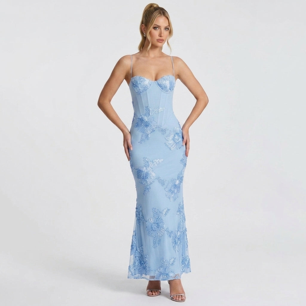 Blue Floral Mermaid Maxi Dress for Women