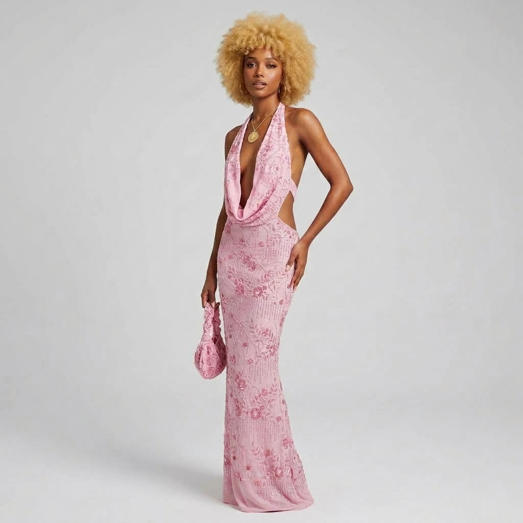 Pink Floral Deep V-Neck Maxi Dress
