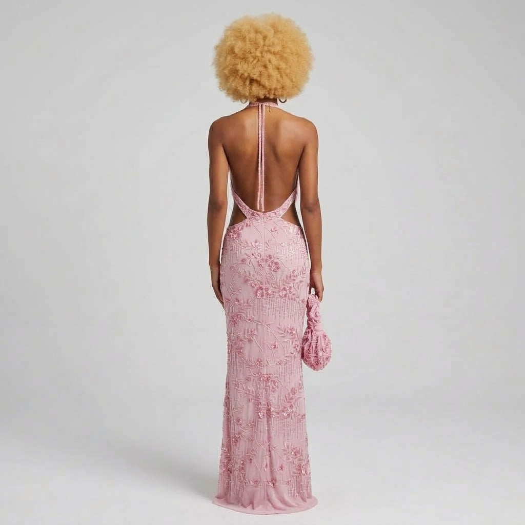 Pink Floral Deep V-Neck Maxi Dress