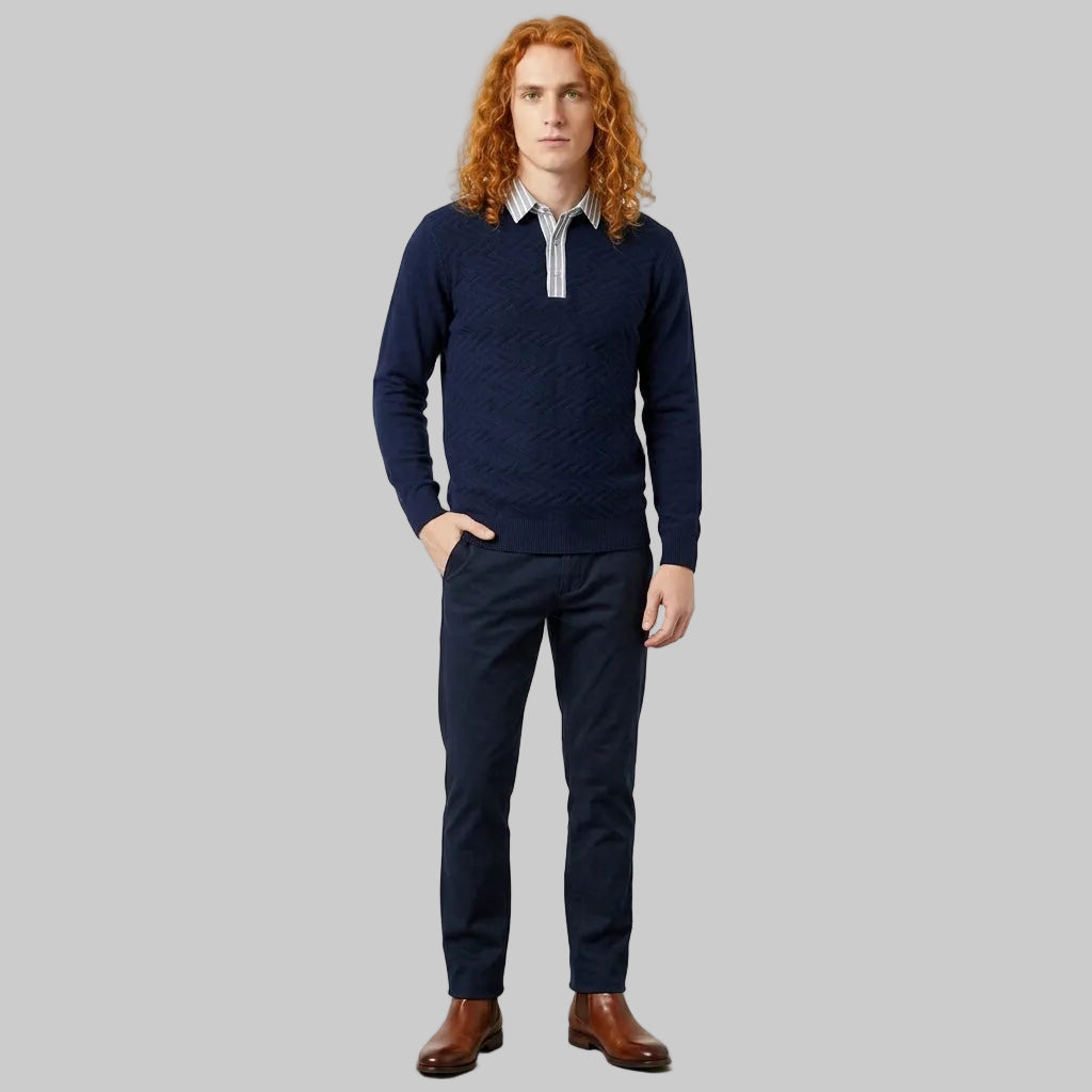 Men’s Knit Sweater with Shirt Collar – Navy Blue Vintage Fake Layered Business Casual Pullover