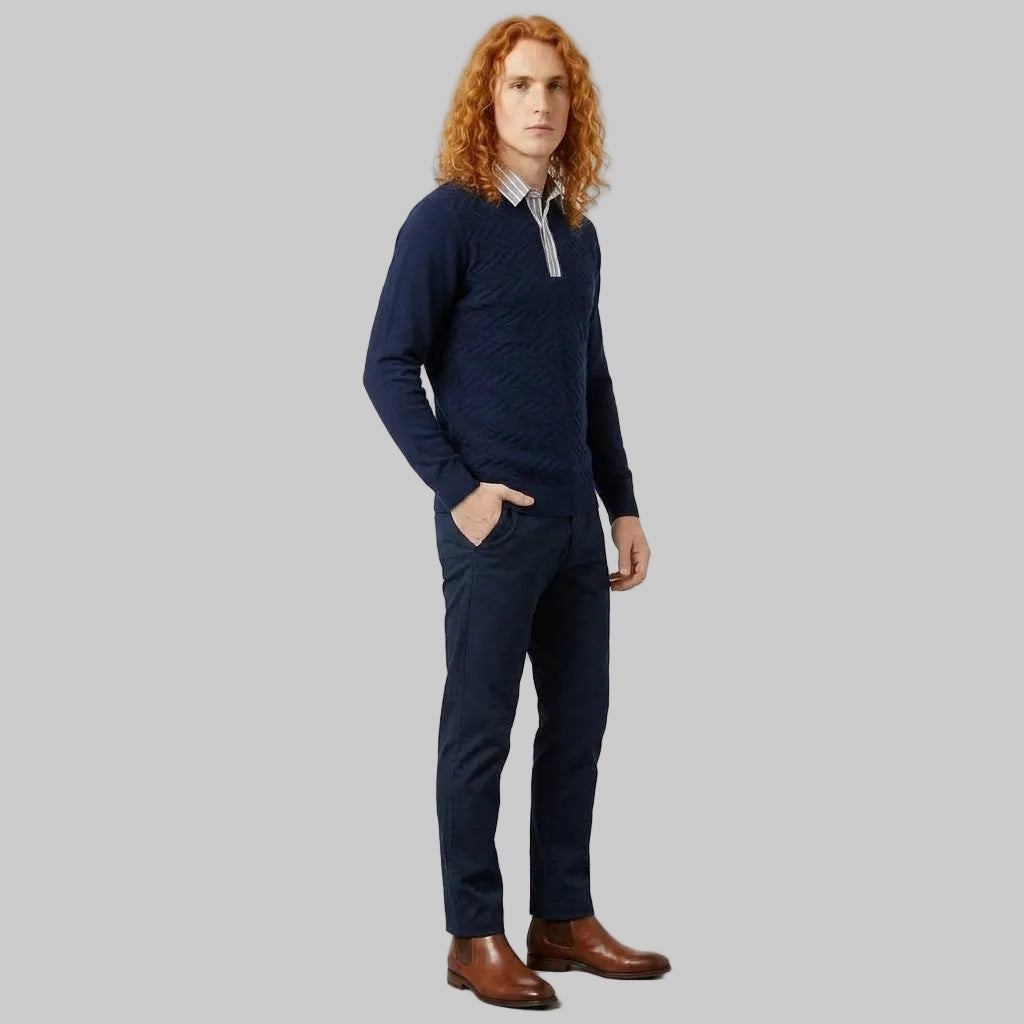 Men’s Knit Sweater with Shirt Collar – Navy Blue Vintage Fake Layered Business Casual Pullover