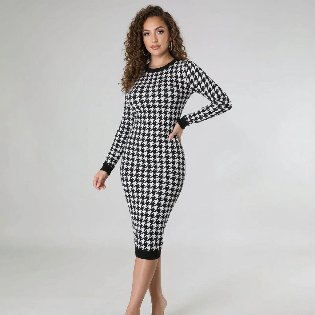 Women's Black & White Houndstooth Midi Dress