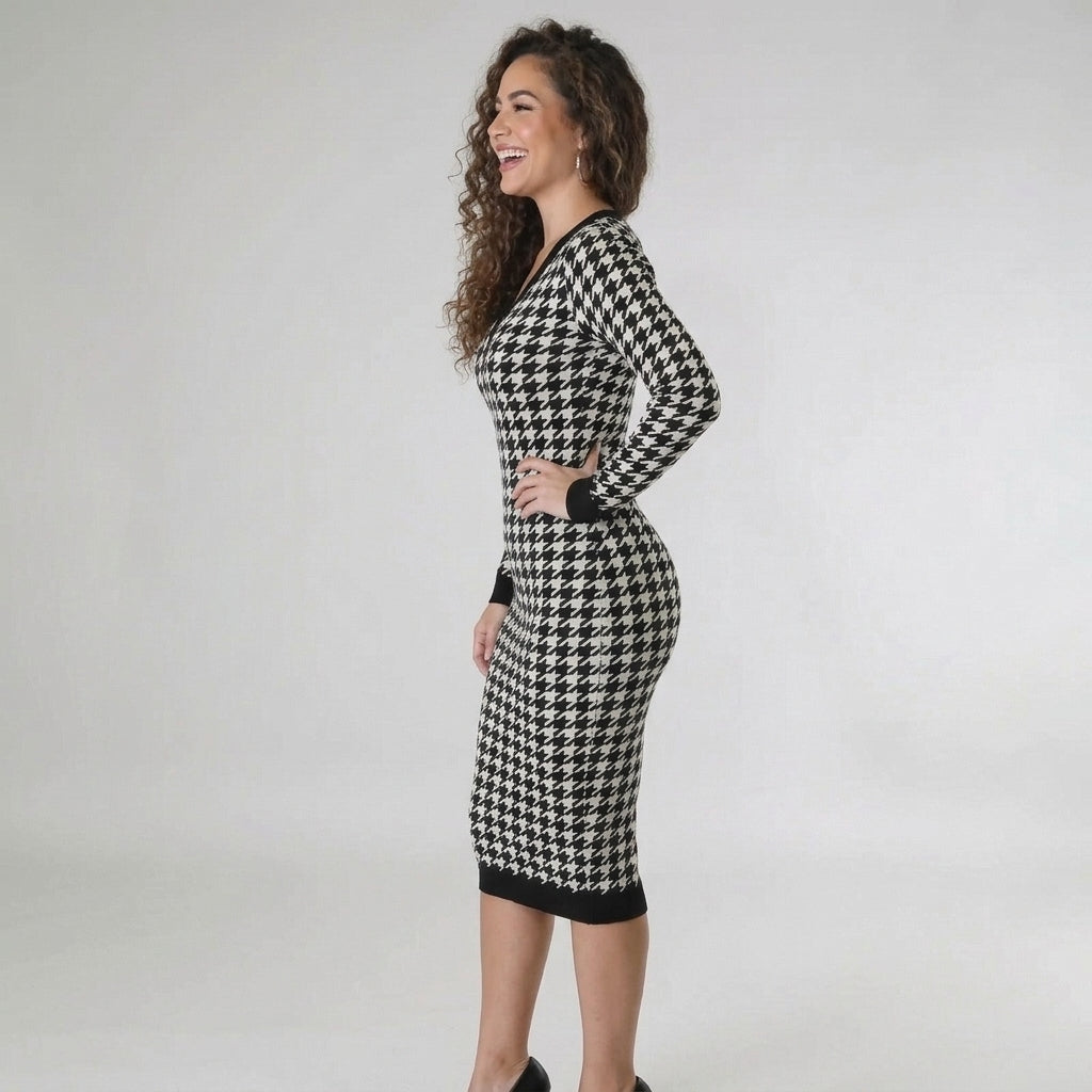 Women's Black & White Houndstooth Midi Dress