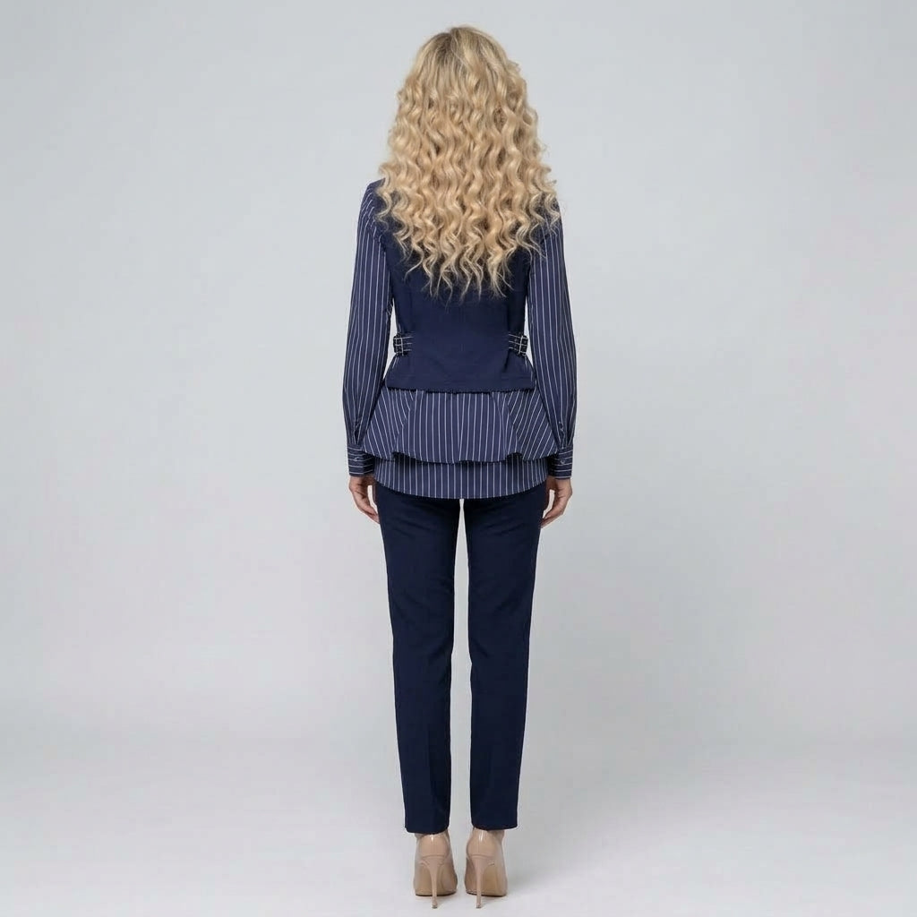 Women's Navy Striped Blouse – Elegant Ruffle Top
