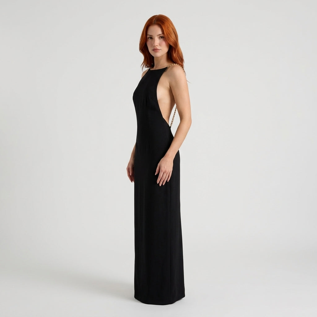 Women's Black Backless Maxi Dress – Elegant Evening Dress