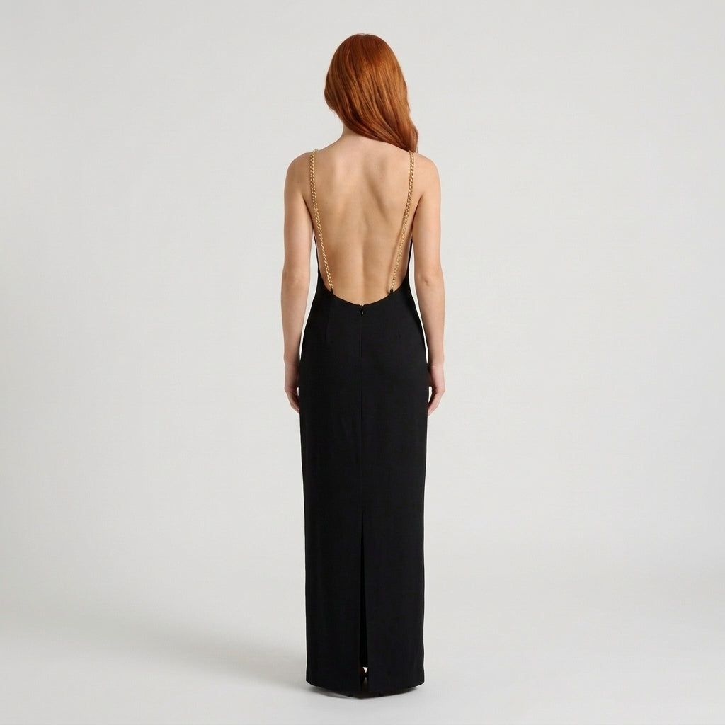 Women's Black Backless Maxi Dress – Elegant Evening Dress