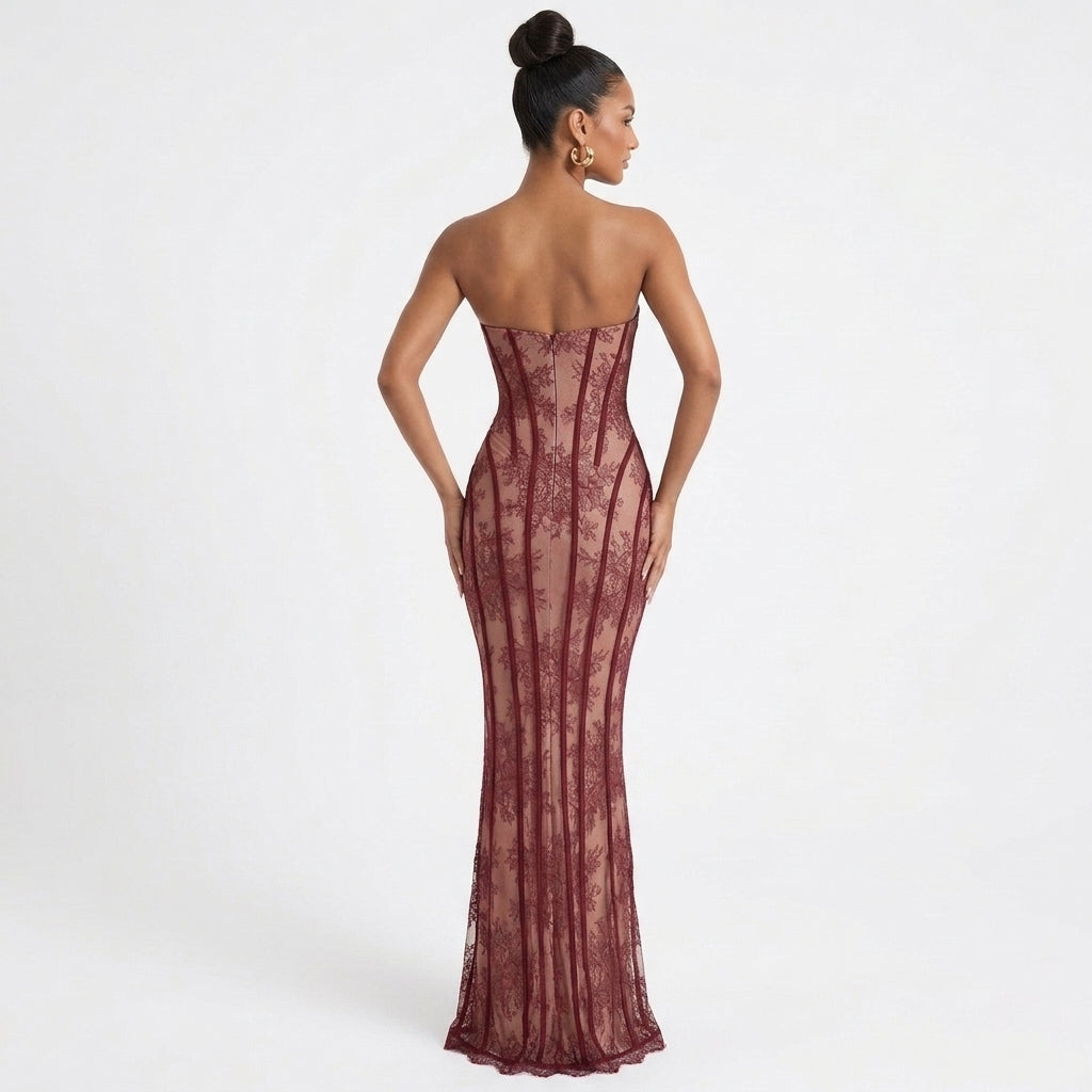 Women's Elegant Strapless Burgundy Maxi Dress
