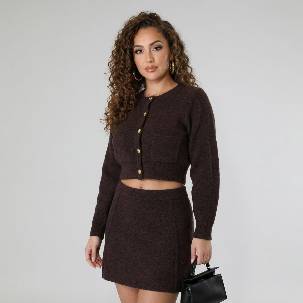 Women's Brown Knit Two-Piece Set – Cardigan & Mini Skirt