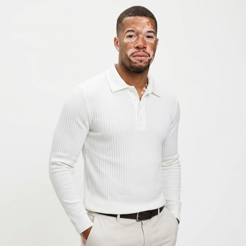 Men's White Ribbed Knit Polo Shirt – Long Sleeve