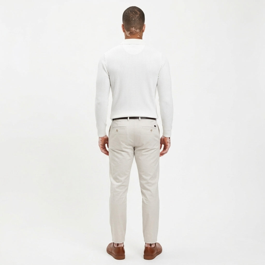 Men's White Ribbed Knit Polo Shirt – Long Sleeve