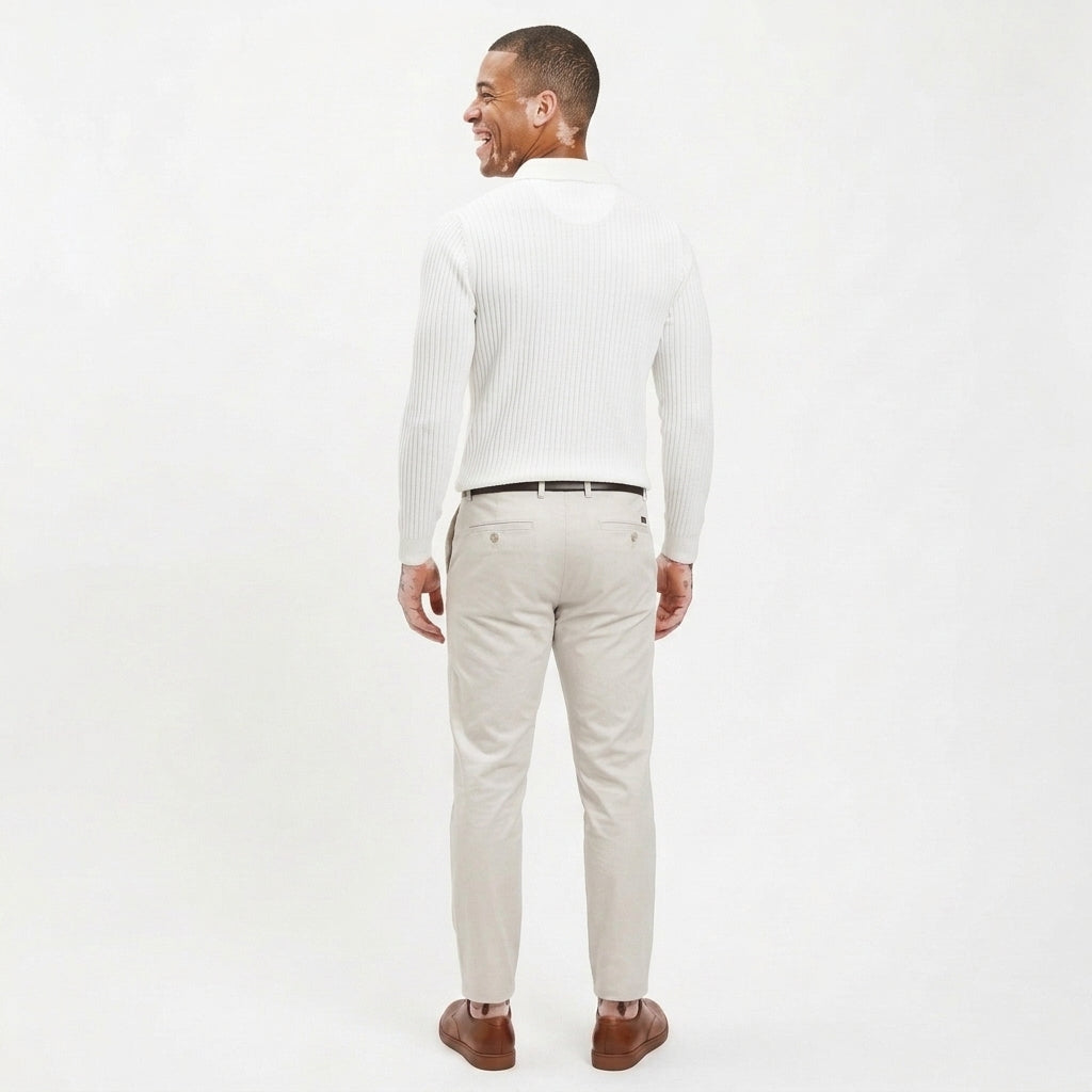 Men's White Ribbed Knit Polo Shirt – Long Sleeve