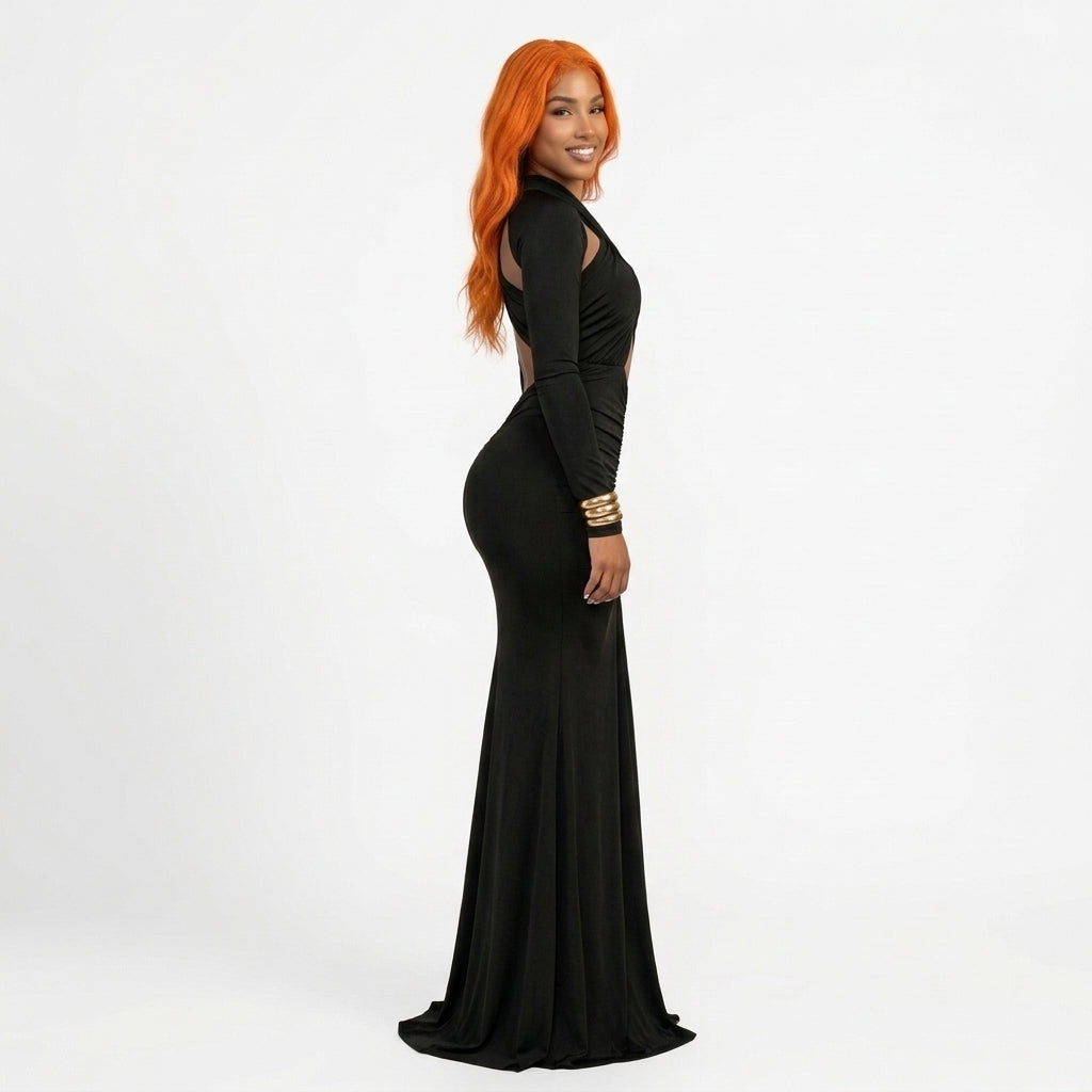 Women's Black Cut-Out Maxi Dress – Ruched Evening Gown