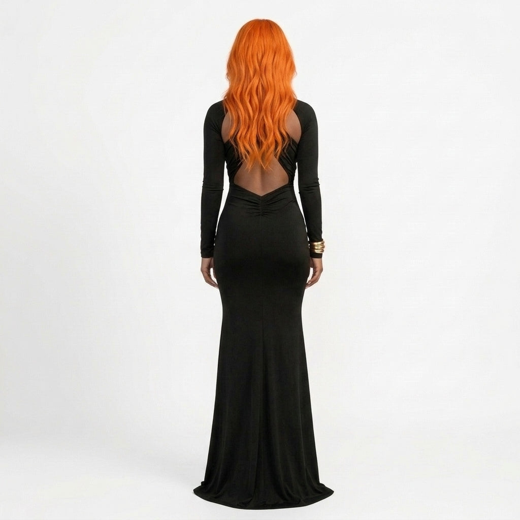 Women's Black Cut-Out Maxi Dress – Ruched Evening Gown