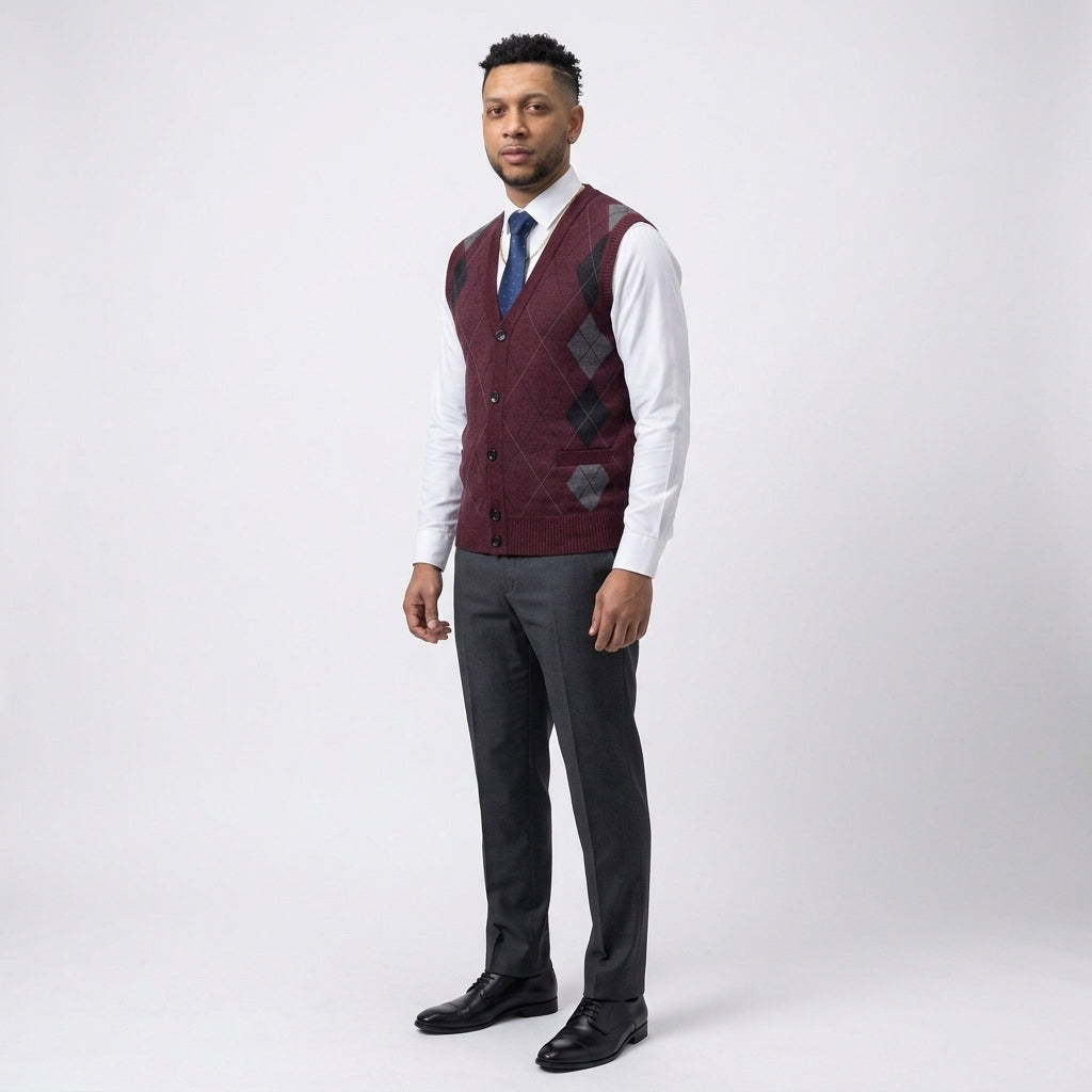 Men's Wine Red Argyle Knit Vest – Sleeveless Sweater