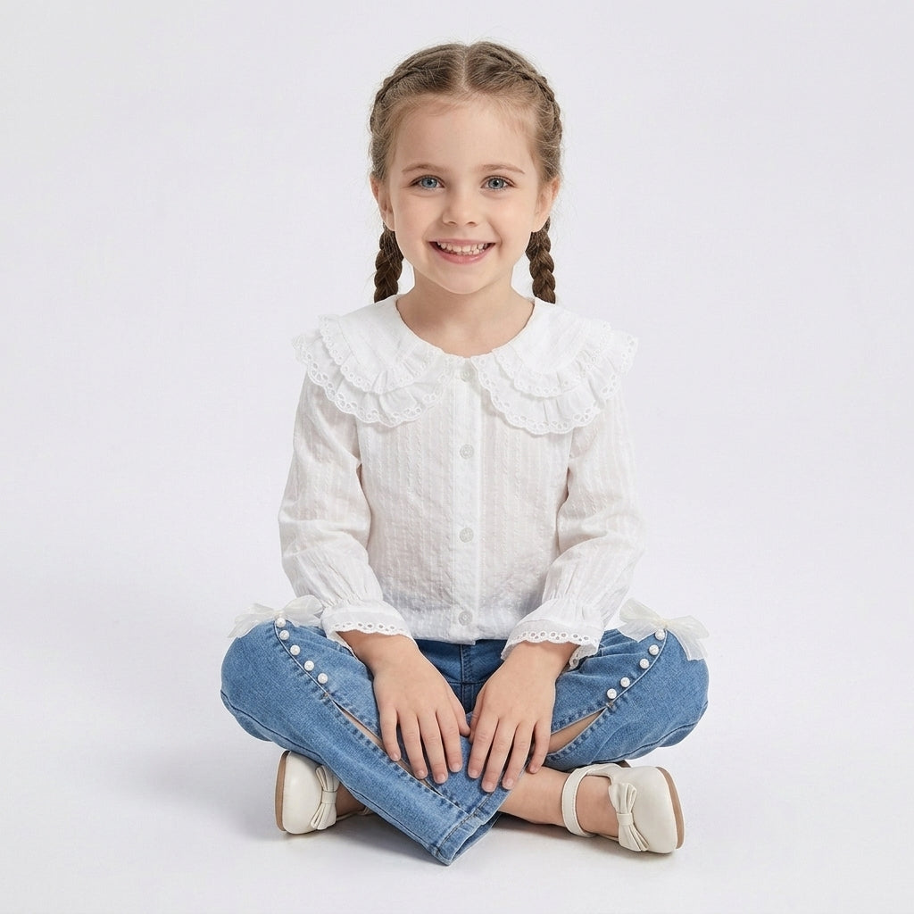 Girls' White Peter Pan Collar Blouse – Long Sleeve