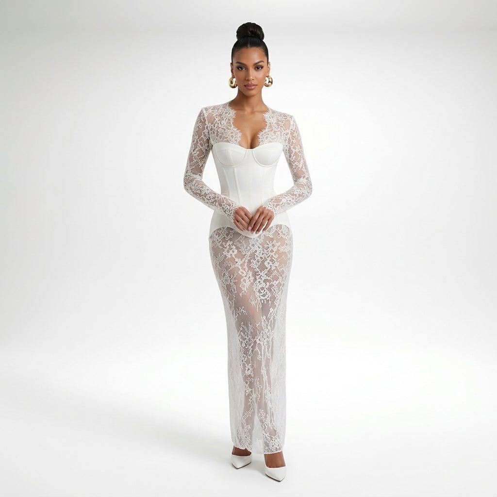 Women's White Lace Corset Maxi Dress – Elegant Evening Gown