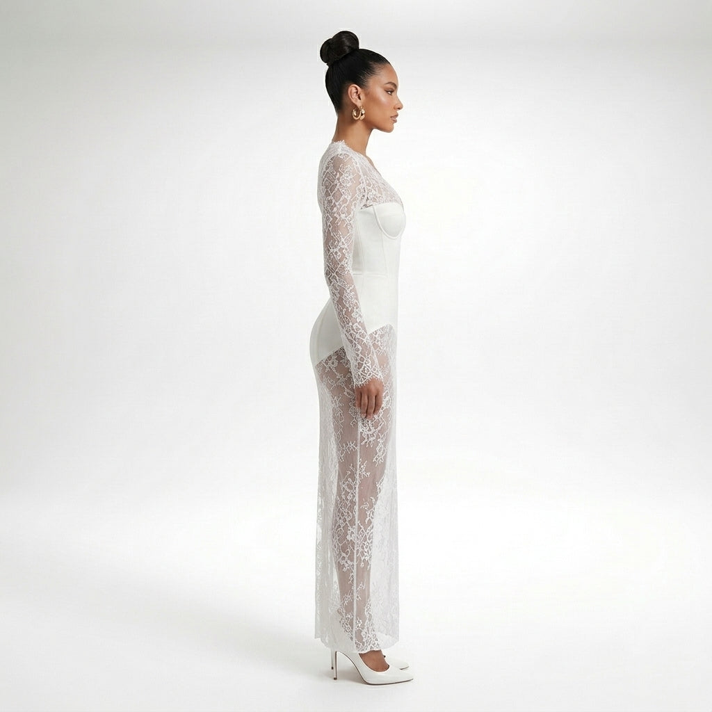 Women's White Lace Corset Maxi Dress – Elegant Evening Gown