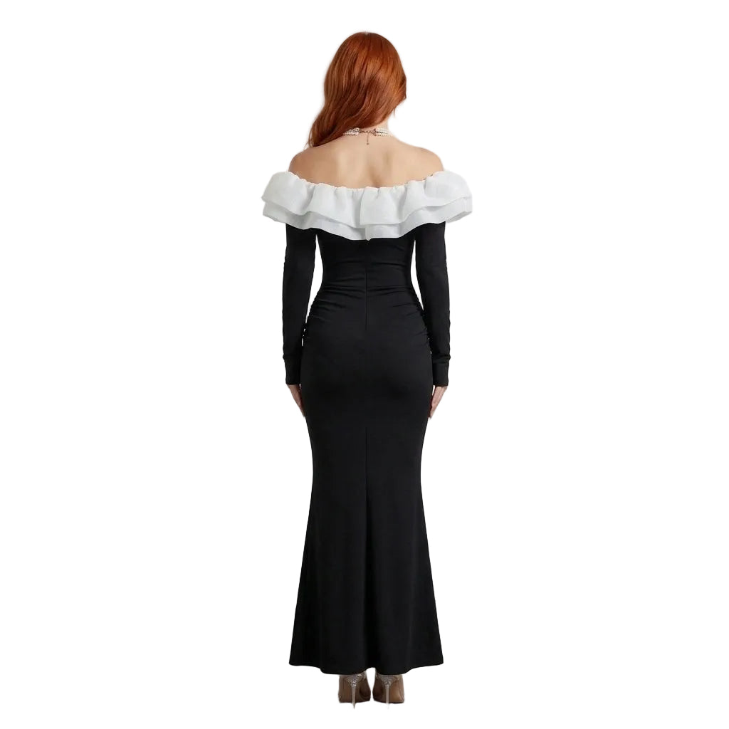 Women's Black Off-Shoulder Maxi Dress – White Ruffle Detail