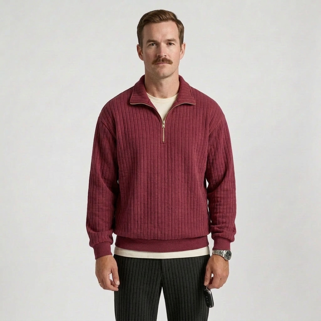 Men's Ribbed Quarter-Zip Sweater – Burgundy Pullover