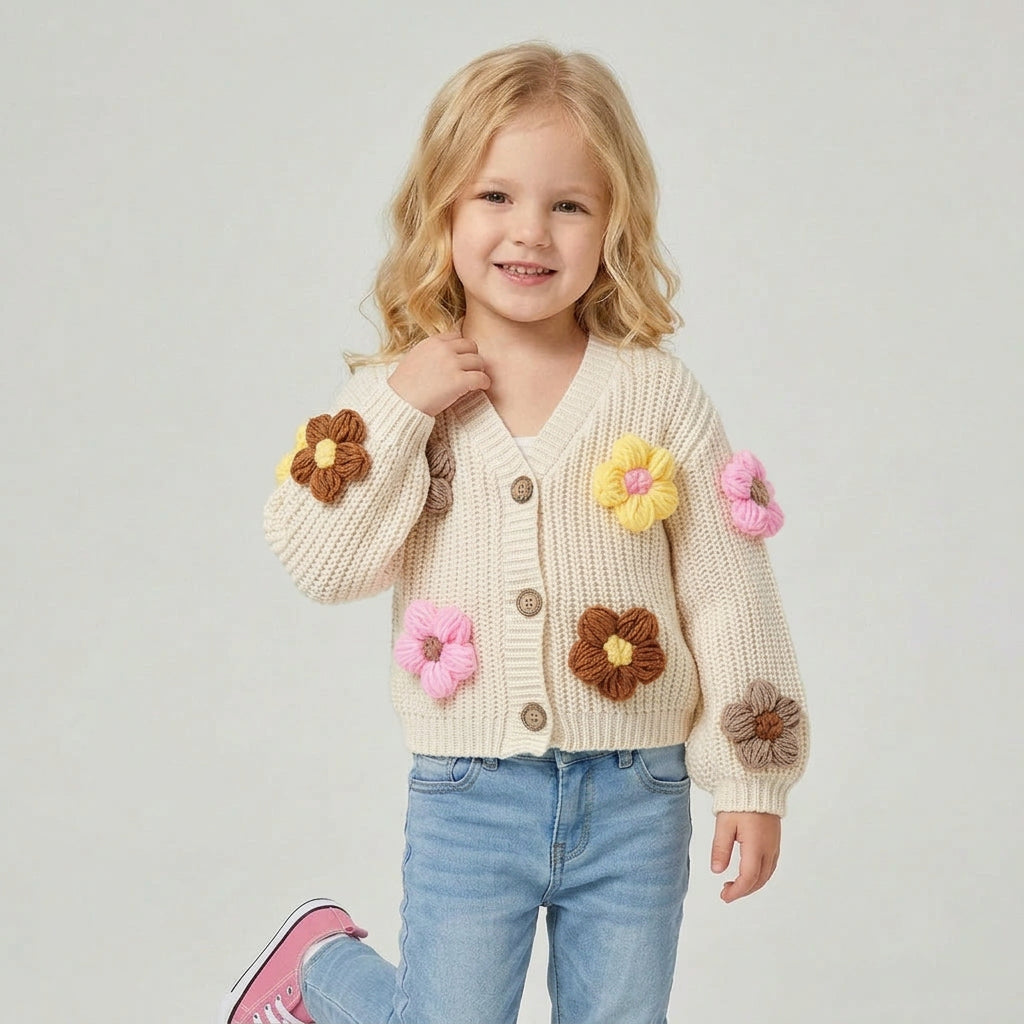 Girls' 3D Flower Knit Cardigan – Beige