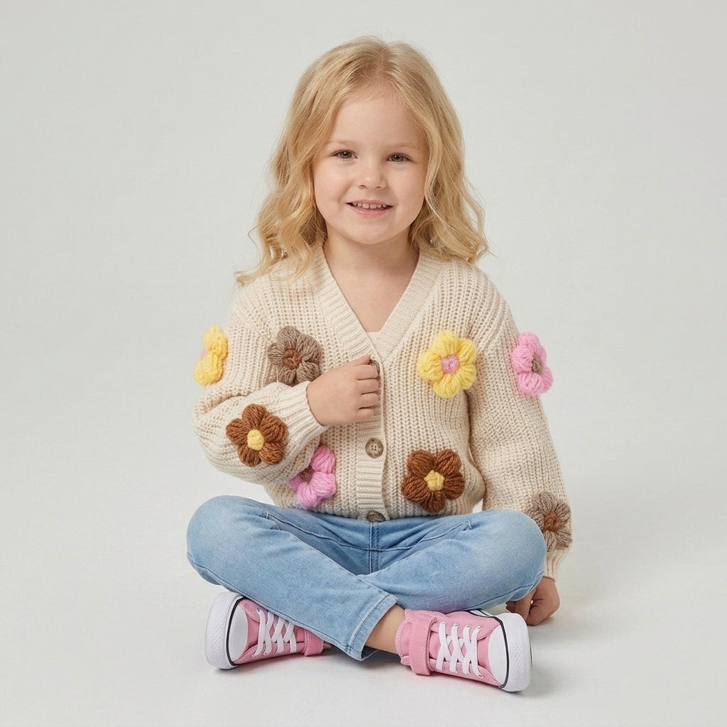 Girls' 3D Flower Knit Cardigan – Beige