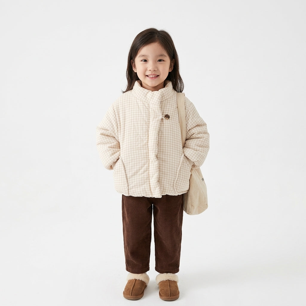 Girls' Quilted Winter Jacket – Beige Checkered Padded Coat