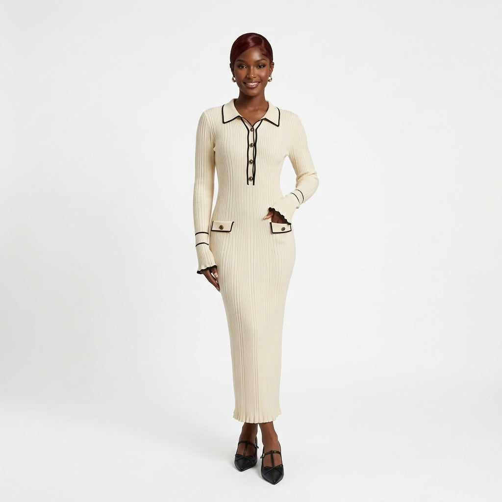 Elegant Cream Ribbed Knit Midi Dress